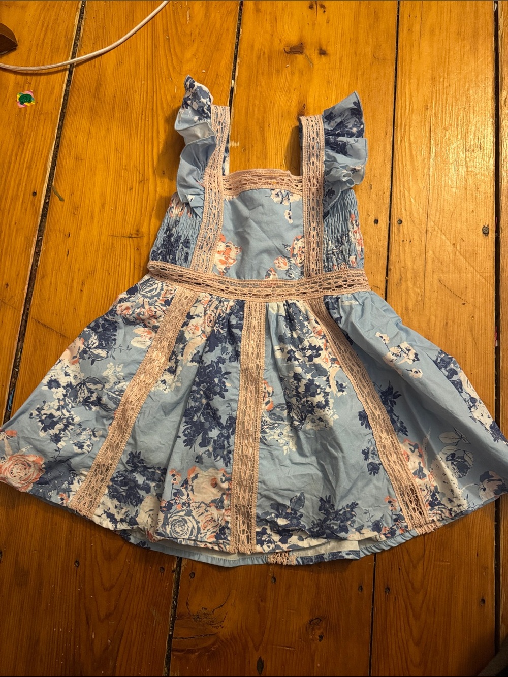 cheeky plum Blue Floral Dress with Cream Lace